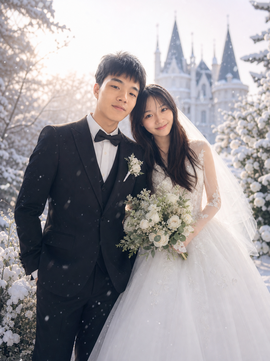 情侣合照秒变雪景童话婚纱照 - Full-body attire photo