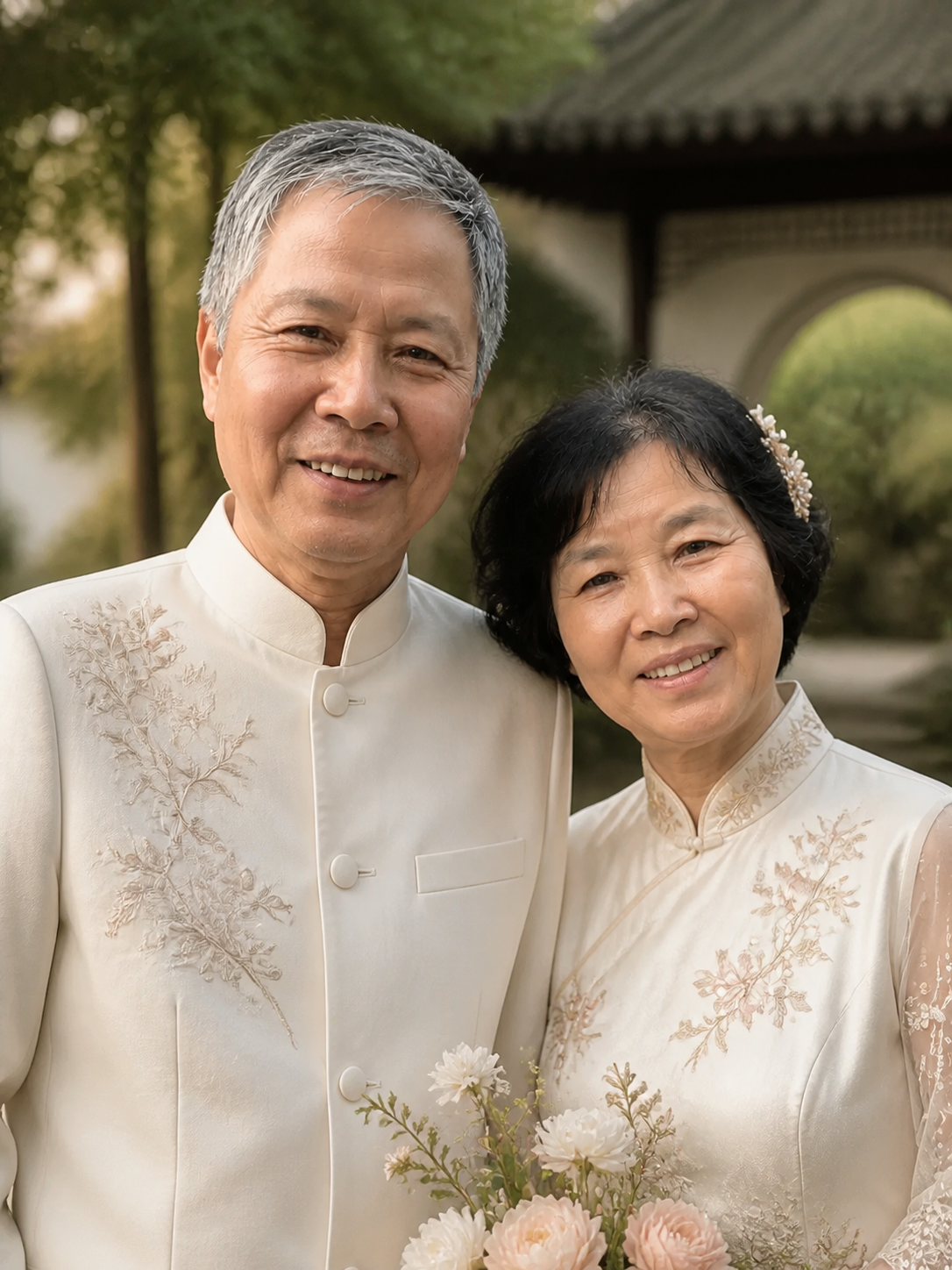 老年夫妻AI婚纱照定制/中式园林 - Emotional close-up