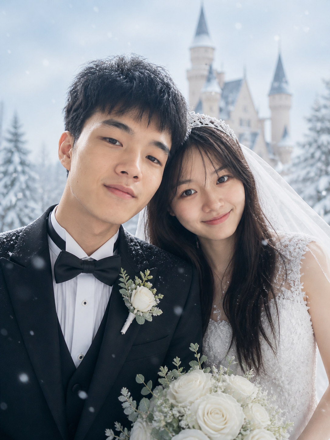情侣合照秒变雪景童话婚纱照 - AI creative variations
