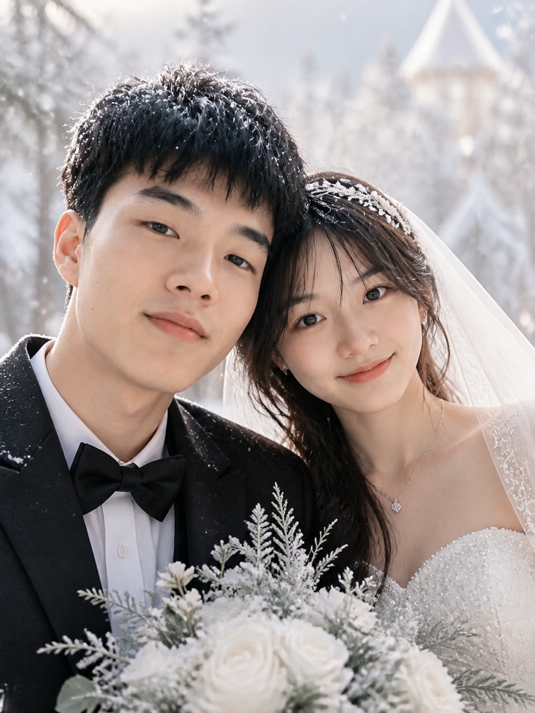 情侣合照秒变雪景童话婚纱照 - Emotional close-up