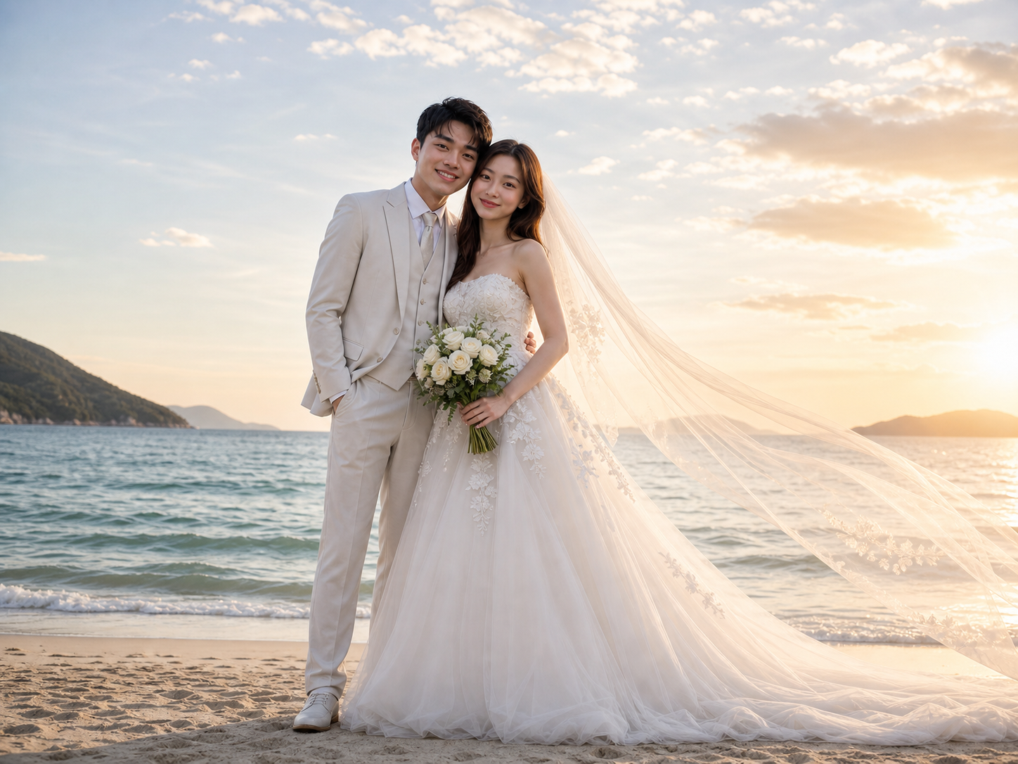 海边日落情侣AI婚纱照写真 - Full-body attire photo