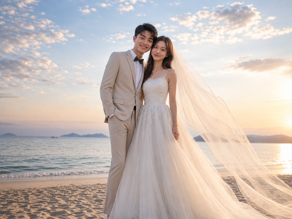 海边日落情侣AI婚纱照写真 - Emotional close-up