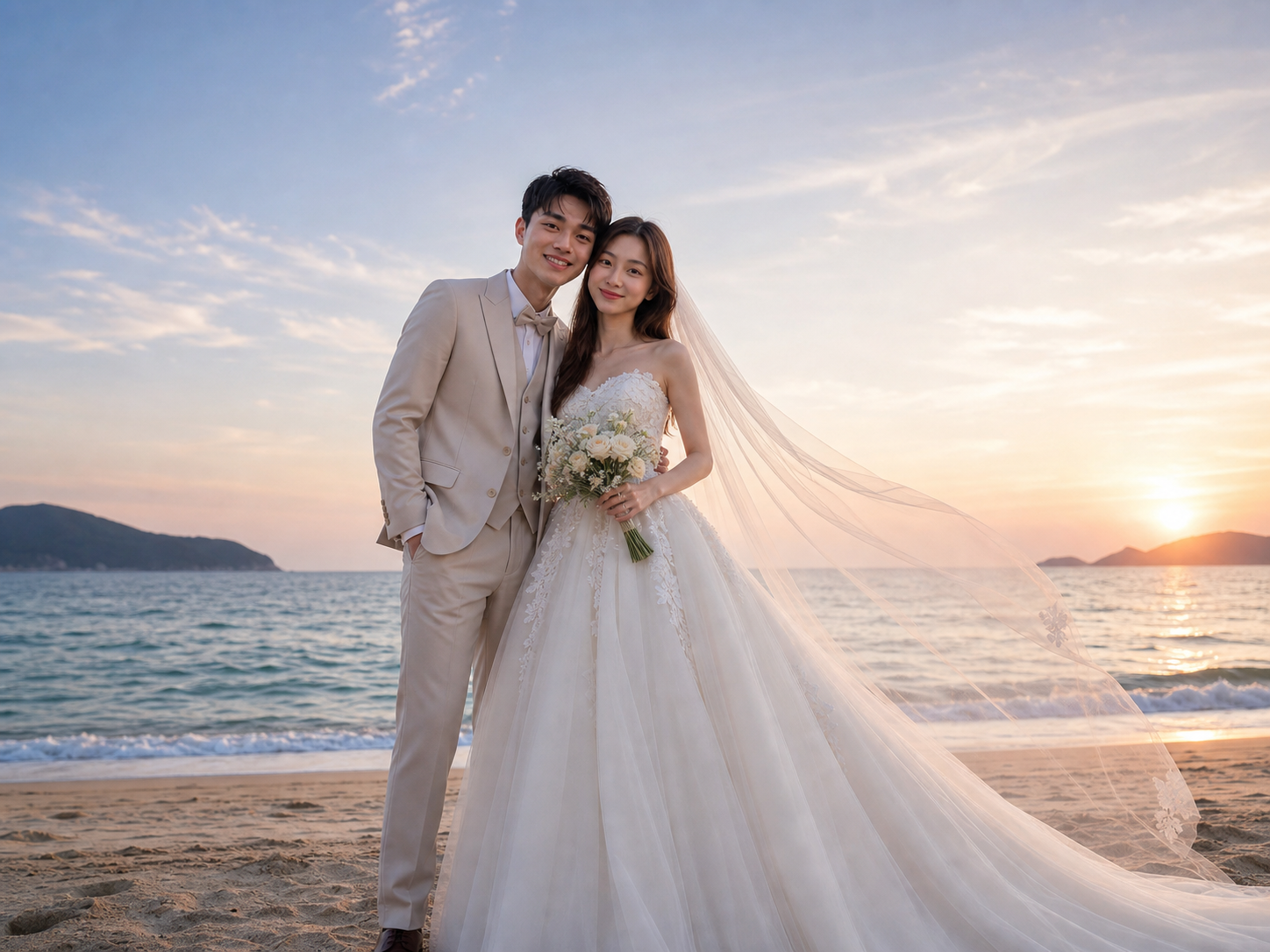海边日落情侣AI婚纱照写真 - Natural interaction