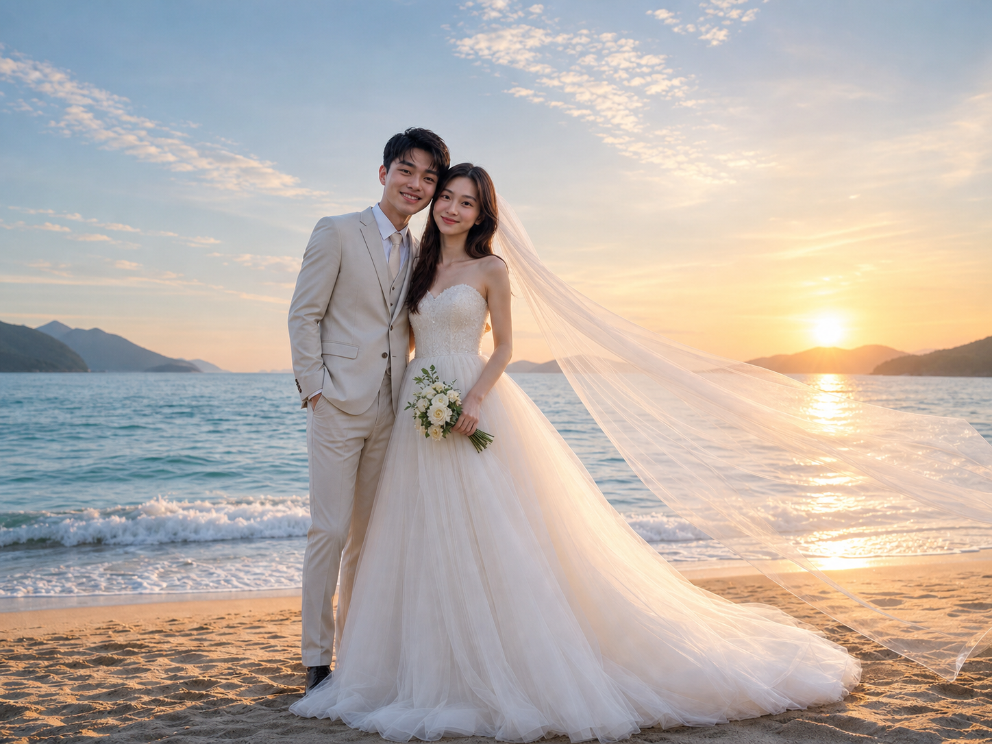 海边日落情侣AI婚纱照写真 - Environmental medium-long shot
