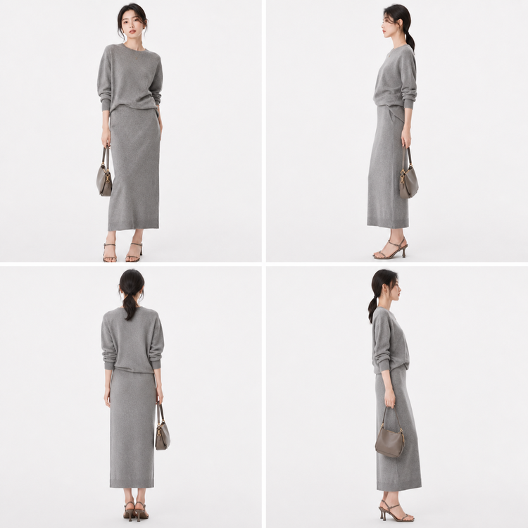 Gambar Produk Multi-Sudut Buatan AI untuk Set Rajut Abu-Abu - Four-view overview