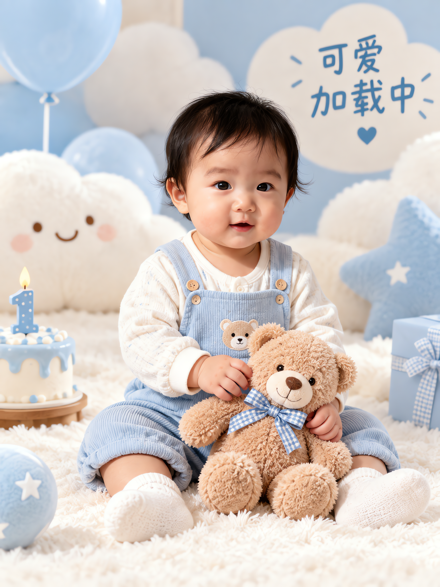 Набор из 4 ИИ-фотографий первого дня рождения малыша в облачном стиле - Childhood scene