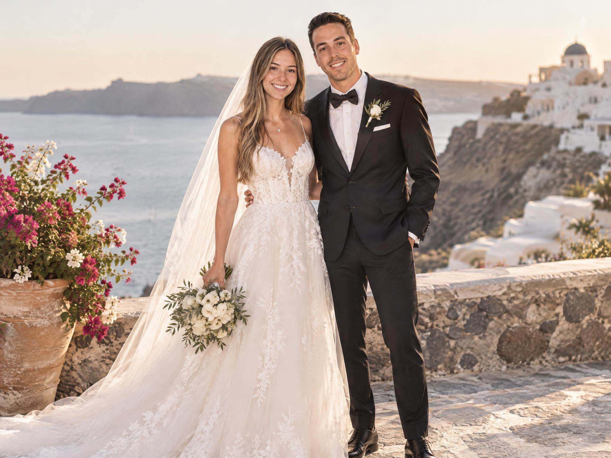 Photos de mariage générées par IA style pellicule sur la côte méditerranéenne, - Full-body attire photo