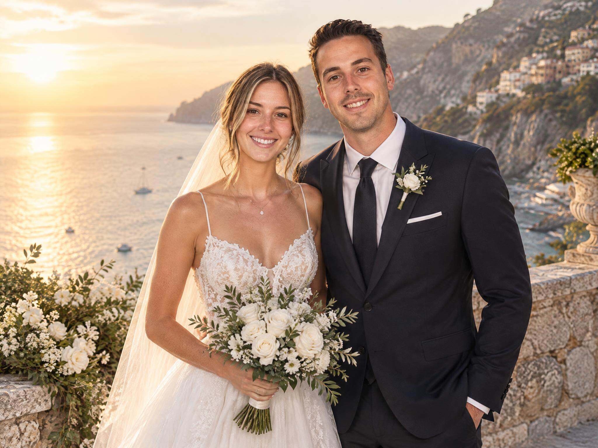 Photos de mariage générées par IA style pellicule sur la côte méditerranéenne, - Environmental medium-long shot