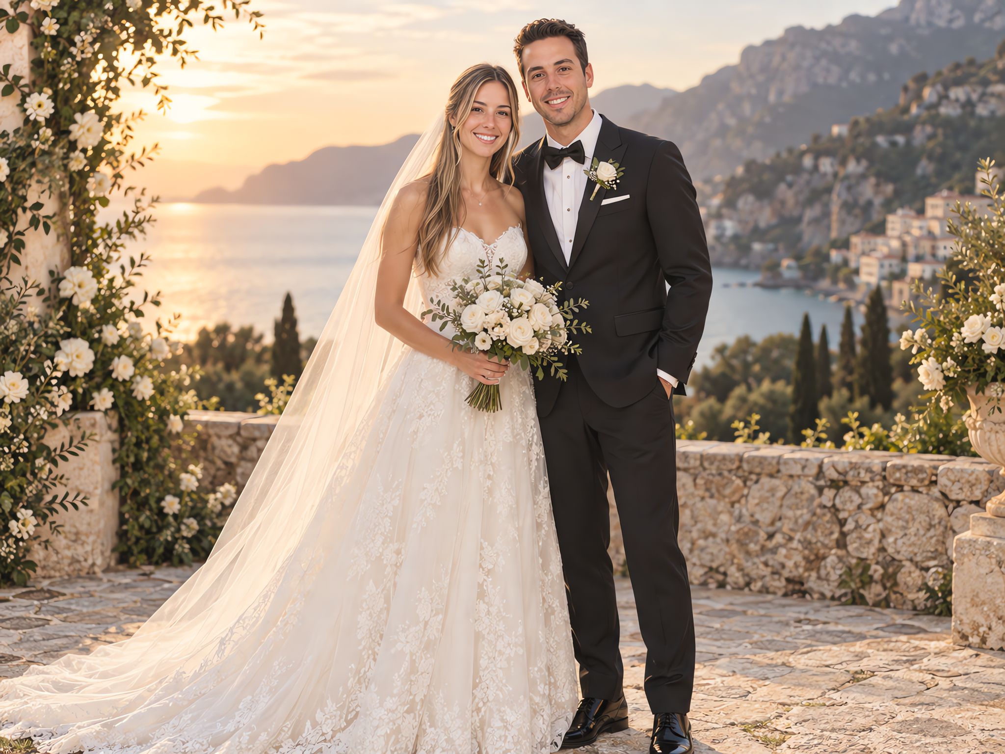 Photos de mariage générées par IA style pellicule sur la côte méditerranéenne, - Styling hero photo (start here)